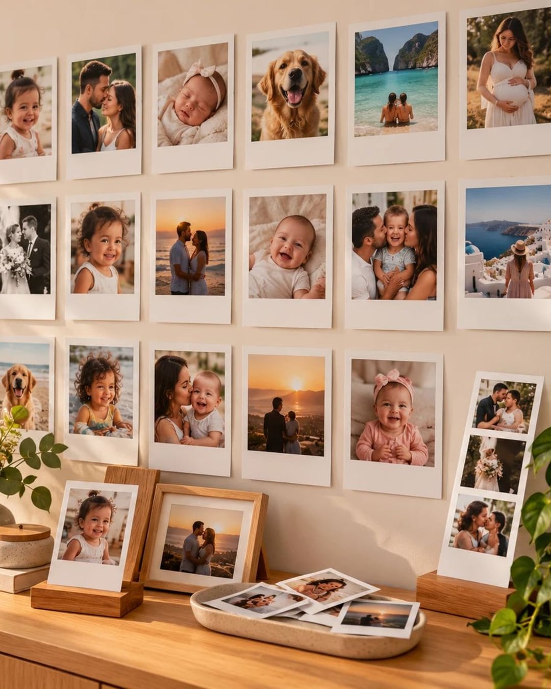Parede de sala com várias Polaroids e uma tirinha de fotos sobre o aparador